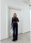 BÜZGÜLÜ BLUZ VE PANTOLONLU GOFRE İKİLİ TAKIM LACİVERT