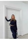 BÜZGÜLÜ BLUZ VE PANTOLONLU GOFRE İKİLİ TAKIM LACİVERT