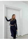 BÜZGÜLÜ BLUZ VE PANTOLONLU GOFRE İKİLİ TAKIM LACİVERT