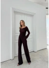 MADONNA YAKA AKSESUAR DETAY BLUZ VE PANTOLONLU GOFRE İKİLİ TAKIM BORDO