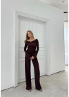 MADONNA YAKA AKSESUAR DETAY BLUZ VE PANTOLONLU GOFRE İKİLİ TAKIM BORDO