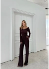 MADONNA YAKA AKSESUAR DETAY BLUZ VE PANTOLONLU GOFRE İKİLİ TAKIM BORDO