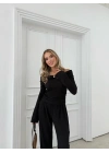 MADONNA YAKA AKSESUAR DETAY BLUZ VE PANTOLONLU GOFRE İKİLİ TAKIM SİYAH