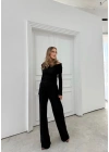 MADONNA YAKA AKSESUAR DETAY BLUZ VE PANTOLONLU GOFRE İKİLİ TAKIM SİYAH