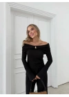 MADONNA YAKA AKSESUAR DETAY BLUZ VE PANTOLONLU GOFRE İKİLİ TAKIM SİYAH