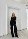MADONNA YAKA AKSESUAR DETAY BLUZ VE PANTOLONLU GOFRE İKİLİ TAKIM SİYAH