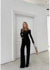 MADONNA YAKA AKSESUAR DETAY BLUZ VE PANTOLONLU GOFRE İKİLİ TAKIM SİYAH