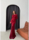 MADONNA YAKA ALTI TÜL DETAY UZUN ELBİSE BORDO