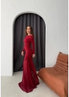 MADONNA YAKA ALTI TÜL DETAY UZUN ELBİSE BORDO