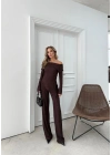 MADONNA YAKA ASİMETRİK DETAY BLUZ VE PANTOLONLU SELANİK KUMAŞ İKİLİ TAKIM KAHVE