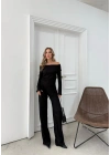 MADONNA YAKA ASİMETRİK DETAY BLUZ VE PANTOLONLU SELANİK KUMAŞ İKİLİ TAKIM SİYAH