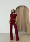 MADONNA YAKA BLUZ VE PANTOLONLU GOFRE İKİLİ TAKIM BORDO