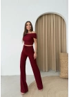MADONNA YAKA BLUZ VE PANTOLONLU GOFRE İKİLİ TAKIM BORDO