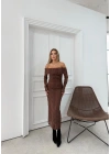 MADONNA YAKA DANTEL DETAY İÇ ASTARLI ELBİSE KAHVE