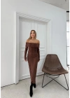 MADONNA YAKA DANTEL DETAY İÇ ASTARLI ELBİSE KAHVE
