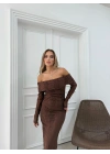 MADONNA YAKA DANTEL DETAY İÇ ASTARLI ELBİSE KAHVE