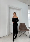 MADONNA YAKA DANTEL İÇ ASTARLI UZUN ELBİSE SİYAH