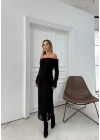 MADONNA YAKA DANTEL İÇ ASTARLI UZUN ELBİSE SİYAH