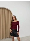 MADONNA YAKA FERMUARLI OTTOMAN CROP BLUZ BORDO