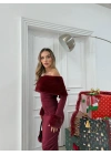 MADONNA YAKA KÜRK DETAY ELBİSE BORDO