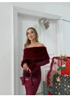 MADONNA YAKA KÜRK DETAY ELBİSE BORDO