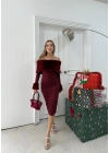 MADONNA YAKA KÜRK DETAY ELBİSE BORDO