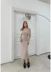 TRİKO MADONNA YAKA YUMOŞ DOKULU UZUN ELBİSE BEJ