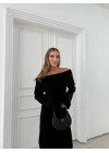 MADONNA YAKA YIRTMAÇLI UZUN TRİKO ELBİSE SİYAH