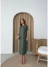 MODAL KUMAŞ OMUZ AKSESUAR DETAY ELBİSE HAKİ