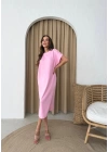 MODAL KUMAŞ OMUZ AKSESUAR DETAY ELBİSE PEMBE