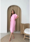 MODAL KUMAŞ OMUZ AKSESUAR DETAY ELBİSE PEMBE