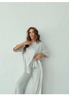 MODAL ŞERİT DETAY PAÇA YIRTMALI İKİLİ TAKIM GRİ
