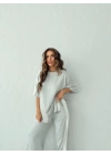 MODAL ŞERİT DETAY PAÇA YIRTMALI İKİLİ TAKIM GRİ