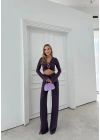 AKSESUAR DETAY BLUZ VE DRAPE PANTOLONLU İKİLİ TAKIM MOR
