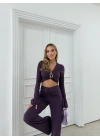AKSESUAR DETAY BLUZ VE DRAPE PANTOLONLU İKİLİ TAKIM MOR