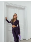 AKSESUAR DETAY BLUZ VE DRAPE PANTOLONLU İKİLİ TAKIM MOR