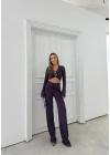 AKSESUAR DETAY BLUZ VE DRAPE PANTOLONLU İKİLİ TAKIM MOR