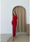 OMUZ BURGULU GOFRE UZUN ELBİSE KIRMIZI