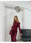 OMUZ DEKOLTE BLUZ VE PANTOLONLU SELANİK KUMAŞ İKİLİ TAKIM BORDO