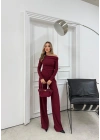 OMUZ DEKOLTE BLUZ VE PANTOLONLU SELANİK KUMAŞ İKİLİ TAKIM BORDO