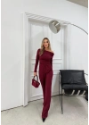 OMUZ DEKOLTE BLUZ VE PANTOLONLU SELANİK KUMAŞ İKİLİ TAKIM BORDO