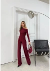 OMUZ DEKOLTE BLUZ VE PANTOLONLU SELANİK KUMAŞ İKİLİ TAKIM BORDO