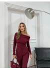 OMUZ DEKOLTE BLUZ VE PANTOLONLU SELANİK KUMAŞ İKİLİ TAKIM BORDO