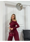 OMUZ DEKOLTE BLUZ VE PANTOLONLU SELANİK KUMAŞ İKİLİ TAKIM BORDO
