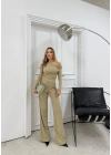 OMUZ DEKOLTE BLUZ VE PANTOLONLU SELANİK KUMAŞ İKİLİ TAKIM YEŞİL