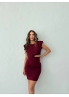 OMUZ VATKA BEL DEKOLTE DETAY CREP ELBİSE BORDO