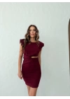 OMUZ VATKA BEL DEKOLTE DETAY CREP ELBİSE BORDO