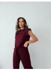 OMUZ VATKALI BLUZ VE PANTOLONLU MODAL KUMAŞ İKİLİ TAKIM BORDO