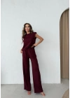 OMUZ VATKALI BLUZ VE PANTOLONLU MODAL KUMAŞ İKİLİ TAKIM BORDO