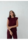 OMUZ VATKALI BLUZ VE PANTOLONLU MODAL KUMAŞ İKİLİ TAKIM BORDO